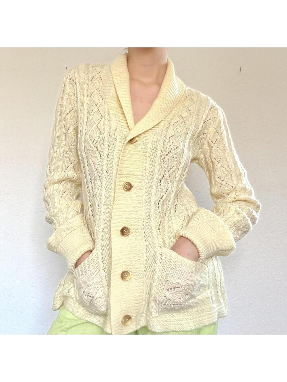 Vintage Cream Butter Yellow Cable Knit Cardigan